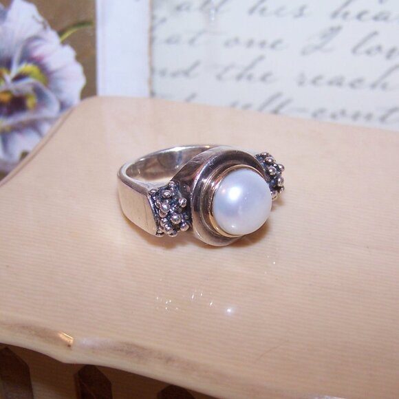 Vintage Michael Dawkins Sterling Silver 14K Gold Pearl Ring - Size 5.75 - Picture 7 of 14